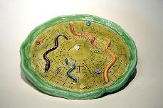 Ceramic game board snakes and ladders with six game pieces, functional art game, multi colored created by English Sfo Bay area artist and contemporary ceramic sculptor antonia tuppy lawson