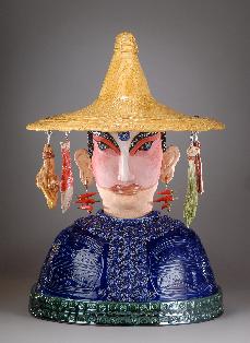 Ceramic Sculpture of Two Faced  Gweilo with elaborate hat, inspired by growing up in Hong Kong, created by ceramic sculptor Antonia Lawson