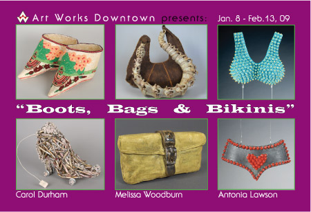 card of sculpture show Boots Bags & Bikinis San Rafael CA