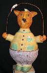 large fat anthropomorphic marmalade cat holding a skipping rope four mice crawling over the cat created by english bay area artist and ceramic sculptor Antonia Tuppy Lawson
